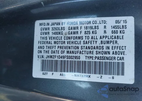 2015 Honda Cr-Z z USA, uszkodzony, nr VIN JHMZF1D49FS002950